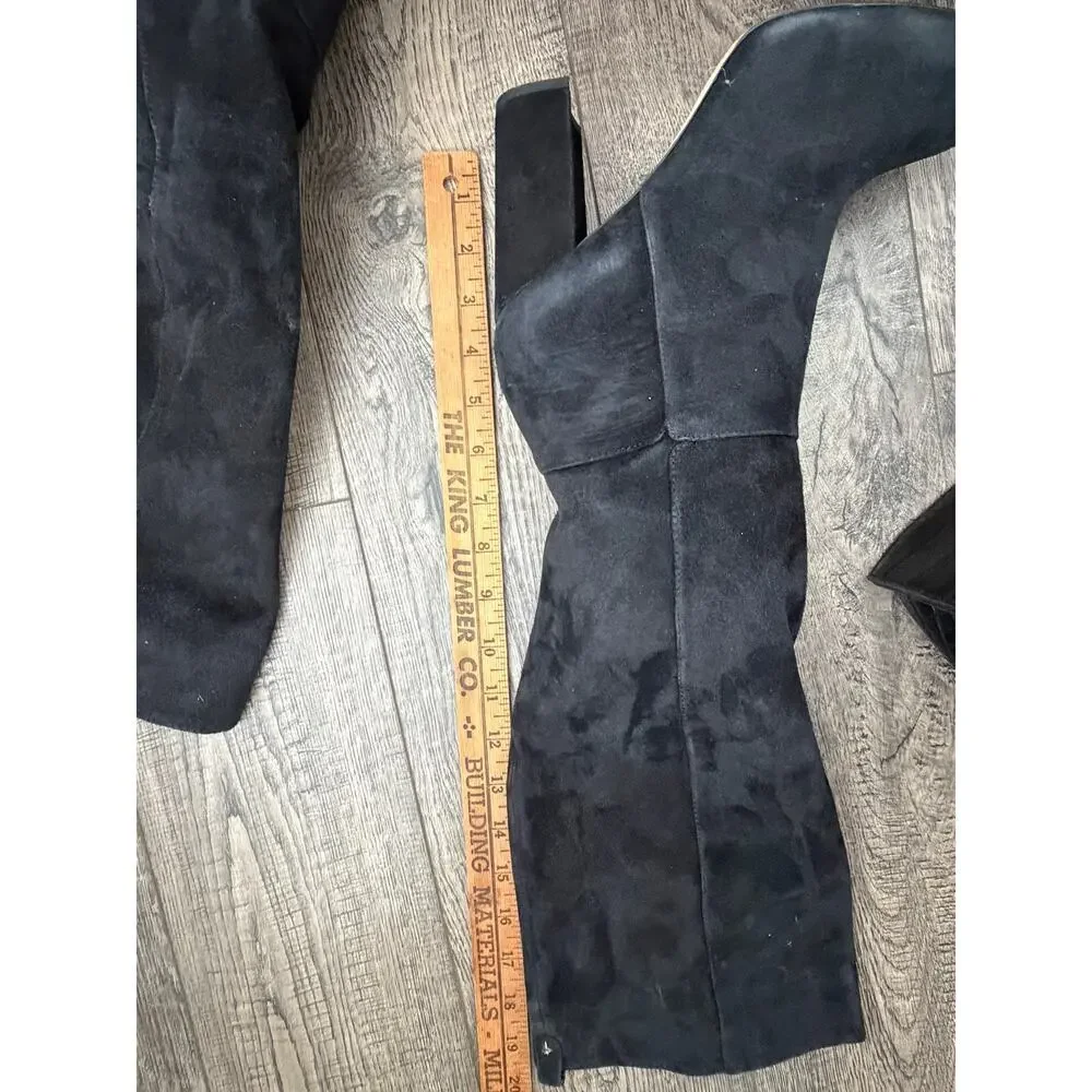 Sam Edelman Knee High Boots Size 8.5 Black Suede Almond Toe Block Heel Pull-On